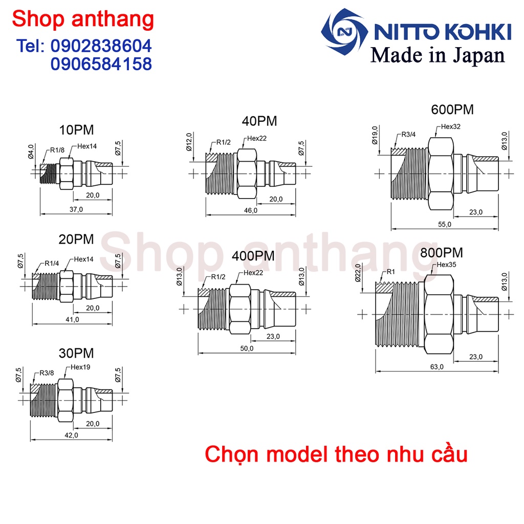 Đầu nối nhanh khí nén PM(đầu đực) - Nitto (Nhật Bản)