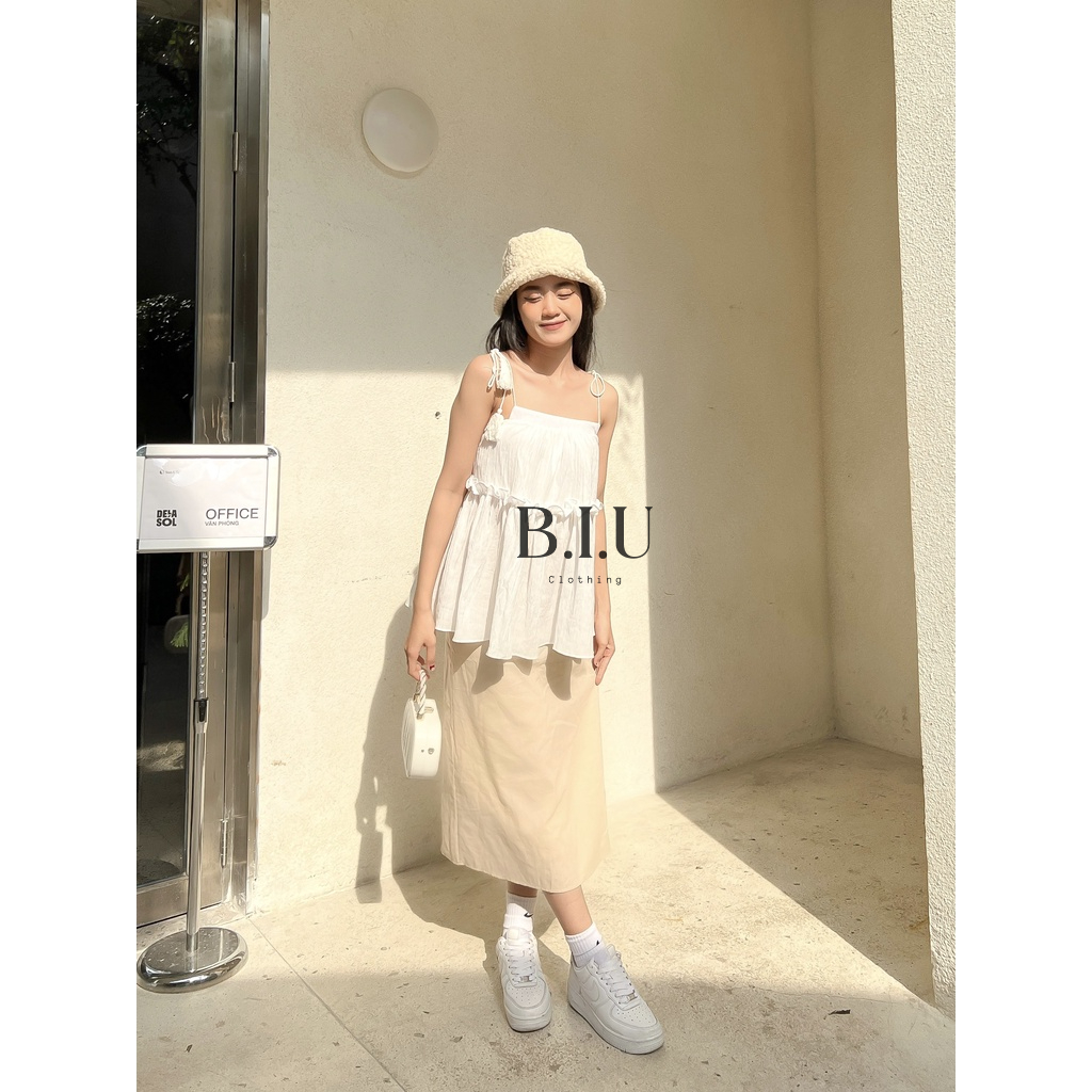 Set áo dây gân tơ chân váy suông dài chất line bánh bèo dễ thương BIU Clothing BB0022