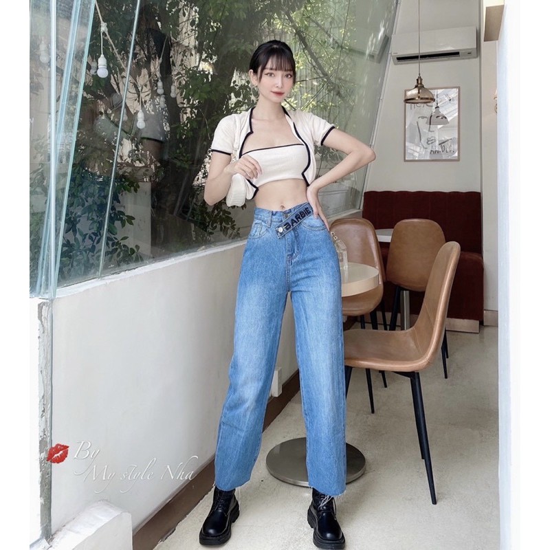 Quần jean ống suông lưng kiểu thêu chữ nổi
