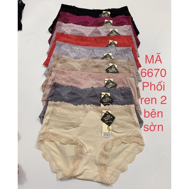Quần lót ren cạp cao ôm bụng dưới, chất su phối ren và viền ren thoáng mát, nhẹ nhàng. Phom 50-65kg. SUMO 6670; 6679.