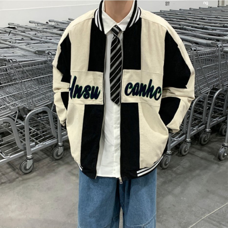 Á khoác varsity jacket màu đen 2022, Áo khoác bomber nam nhung tăm chất nỉ đẹp thời trang unisex quảng châu ulzzang