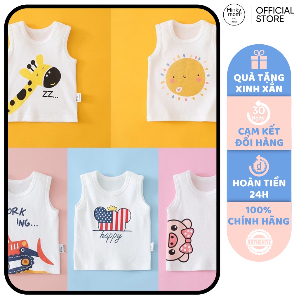 [SALE] Áo Ba Lỗ Cho Bé Trai Minky Mom Vải Cotton 100% Trắng Basic Họa Tiết Dễ Thương, Áo Thun 3 Lỗ Bé Trai MKMA2115