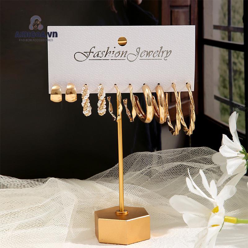 Bộ 5 Đôi Khuyên Tai Kim Loại Đính Ngọc Trai Đơn Giản