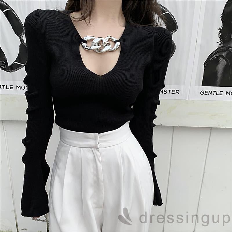 Áo len tay loe cổ chữ V dáng ôm thời trang quyến rũ cho nữ