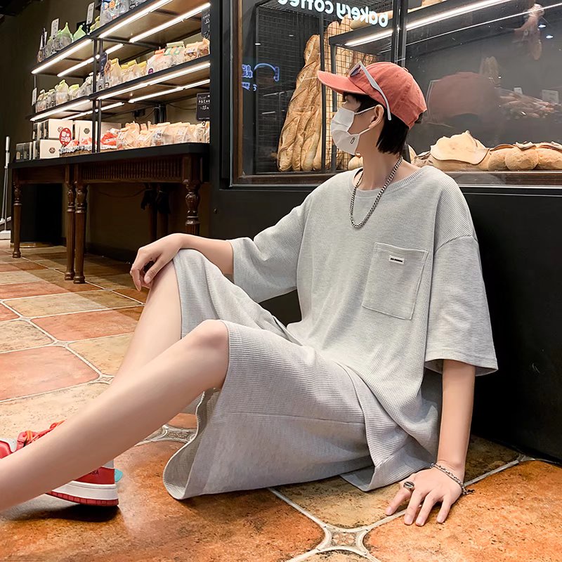 Set Đồ Bộ Ngắn Tay Màu Trơn Thêu Họa Tiết Đơn Giản Thời Trang Hàn Quốc Cho Nam