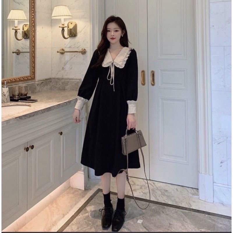 Đầm tiểu thư bánh bèo umi tay bèo dài tay xoè đính nơ cổ