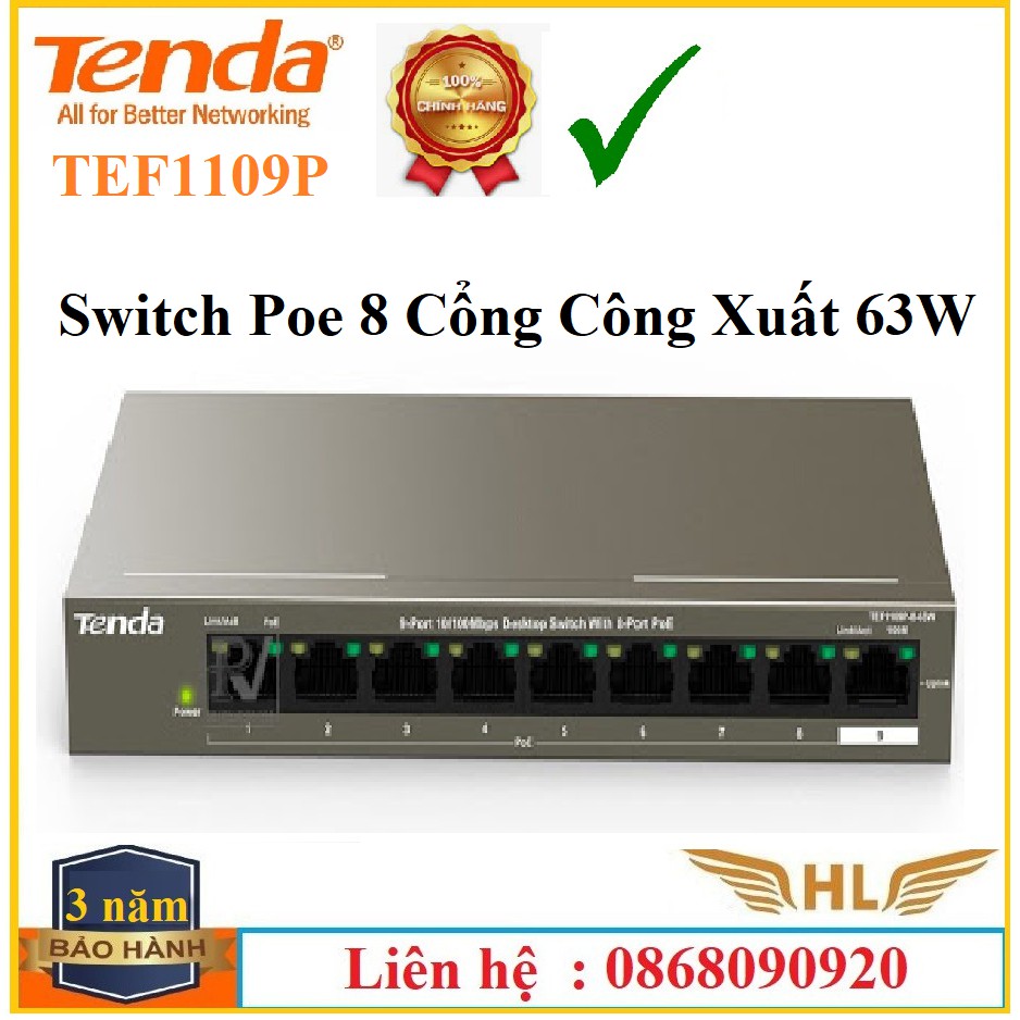 Thiết Bị Switch Chia Mạng Cấp Nguồn PoE Tenda TEF1109P-8-63W Hàng Chính Hãng