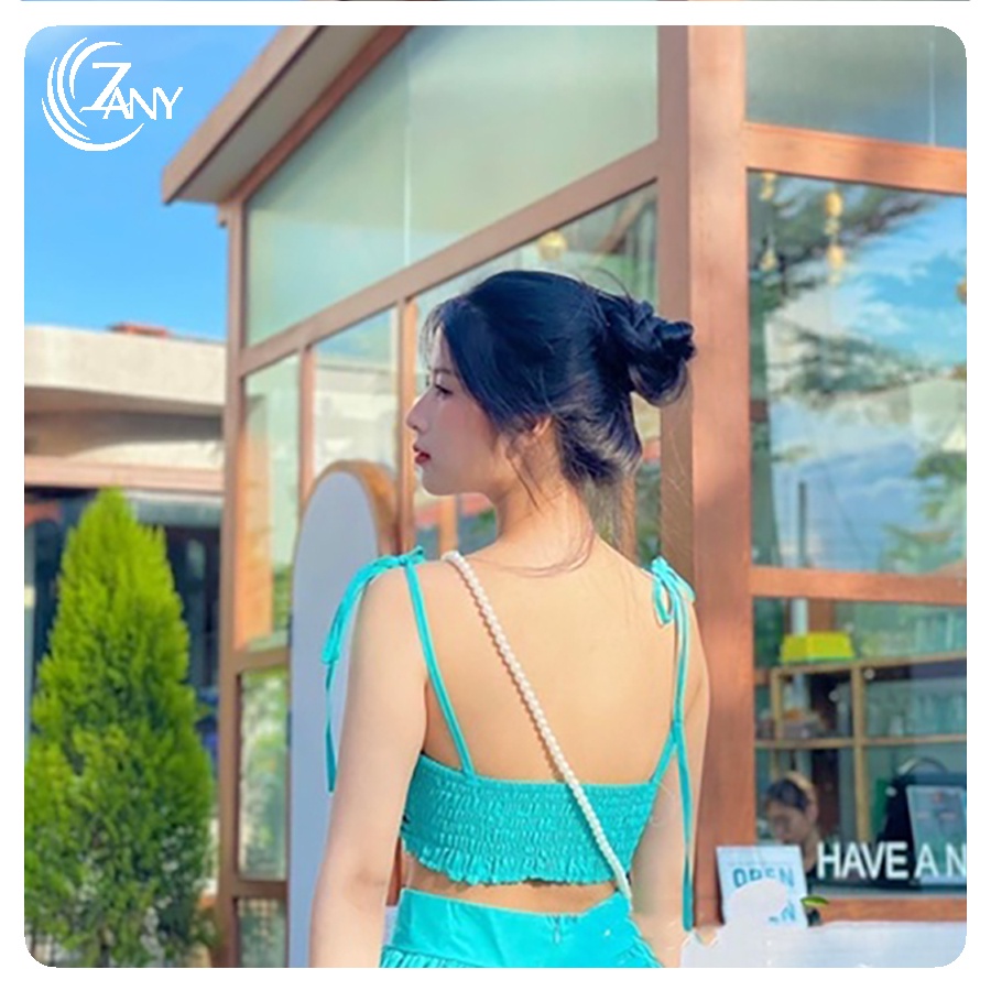 Set đầm maxi 2 dây nhún bèo cúp ngực và chân váy dài dáng xòe vải kate mềm mại - Zany Store