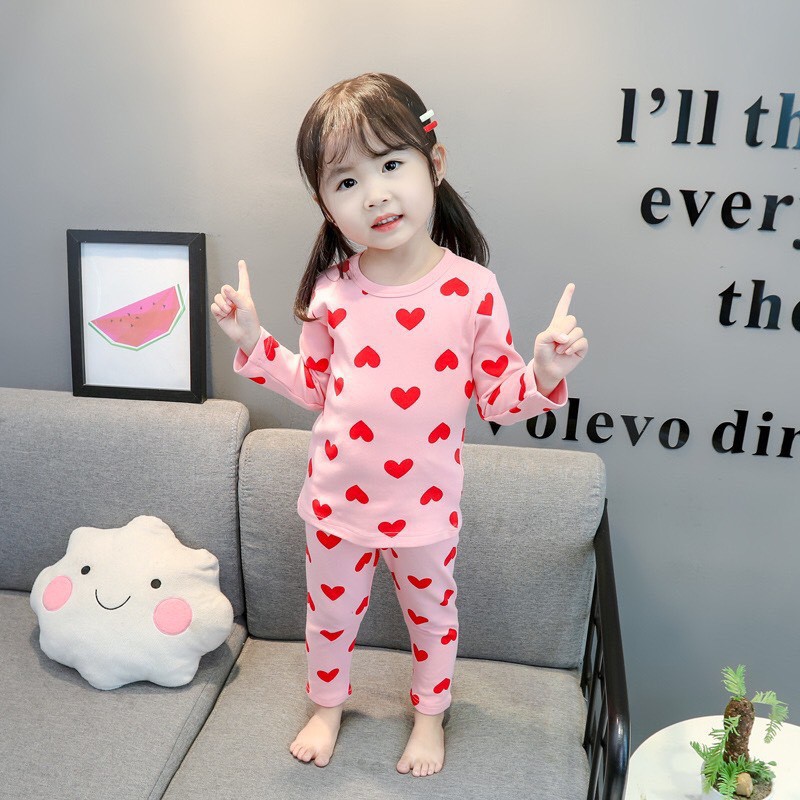 Đồ bộ bé gái quần áo trẻ em gái, bộ thu đông bé gái, Set bộ quần áo dài họa tiết tim cute cho bé gái từ 8 đến 20 kg