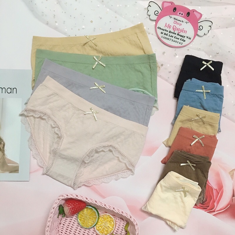 [Combo 10c] Quần lót nữ cotton nhăn đính nơ xinh xắn, chất liệu co dãn kháng khuẩn tuyệt đối