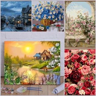 [Có sẵn] Tranh sơn dầu số hoá tự tô hình hoa và phong cảnh