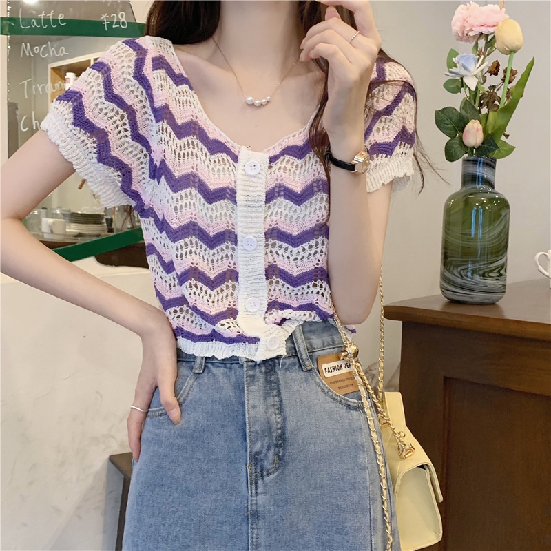 Áo Thun Dệt Kim Dáng Ngắn Họa Tiết Kẻ Sọc Màu Sắc Tương Phản Thời Trang Mùa Hè Cho Nữ