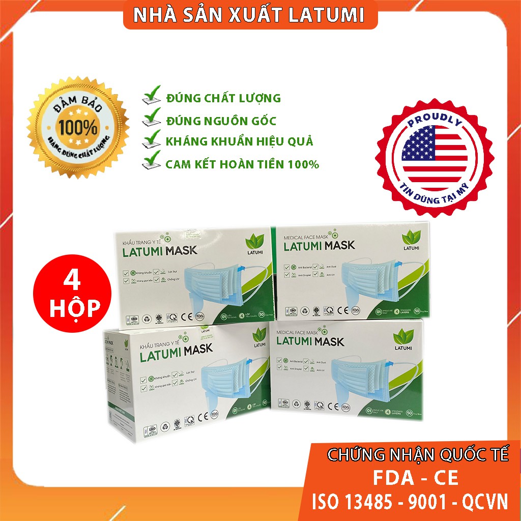 {COMBO 4 HỘP} Khẩu Trang Y Tế 4 Lớp Kháng Khuẩn LATUMI Mỗi Hộp 50 Chiếc  Có Tác Dụng Phòng Chống Vi khuẩn, Ngăn Giọt Bắn