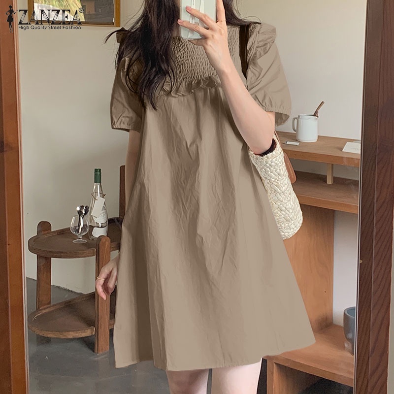 Đầm ZANZEA tay phồng xếp ly phong cách Hàn Quốc thời trang cho nữ