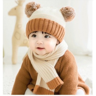 Set mũ len 2 quả bông kèm khăn cho bé