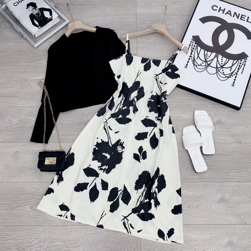 [ 𝐅𝐑𝐄𝐄 𝐒𝐇𝐈𝐏 ] SÉT VÁY 2 DÂY HOA MIX CADIGAN ĐEN SIÊU HÓT VÁY HOA THÔ LỤA