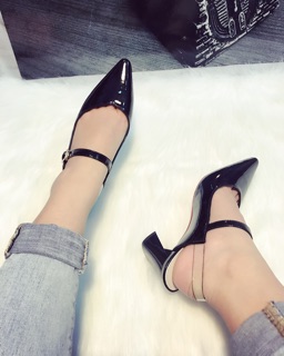 Giày sandal gót vuông 5p chất da bóng mềm