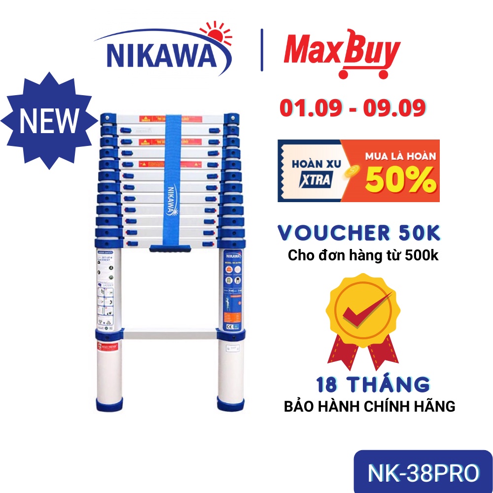 Thang nhôm rút đơn Nikawa NK-38PRO NEW 3,8m, nhập khẩu Nhật Bản, bảo hành chính hãng