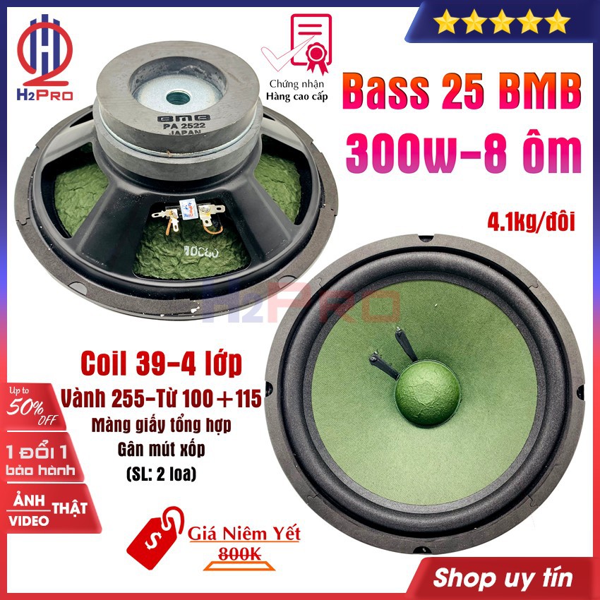 Đôi loa bass 25 BMB H2Pro 300W-8 ôm-từ kép 115+100, coil 39-4 lớp (2 loa), tiếng ấm, căng (new 2021 màng xanh)