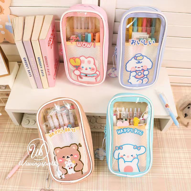 1 Túi Đựng Bút / Mỹ Phẩm Hai Ngăn Cỡ Lớn Có Khóa Kéo Thiết Kế Dễ Thương Cho Học Sinh