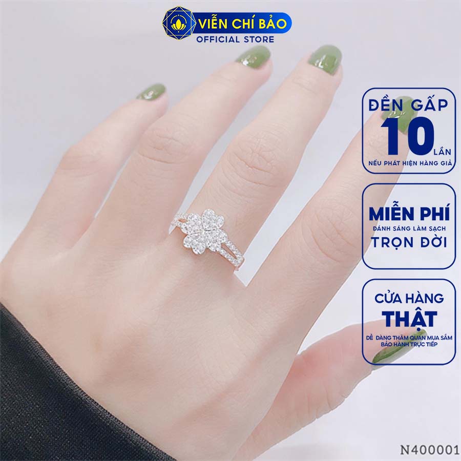 Nhẫn bạc nữ cỏ 4 lá đính đá sang chảnh chất liệu bạc S925 thời trang phụ kiện trang sức nữ Viễn Chí Bảo N400001