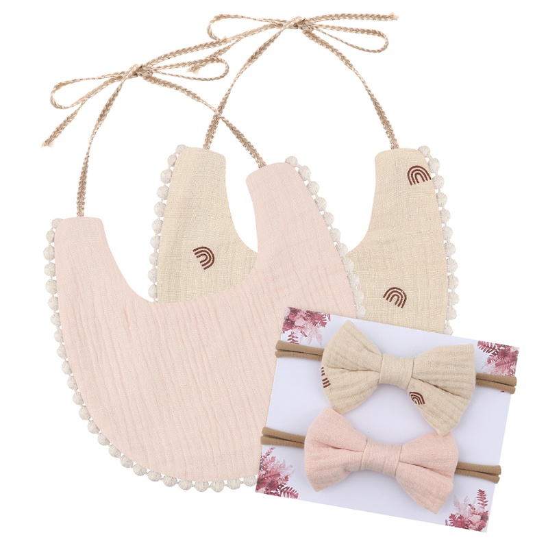 Yếm Ăn Cotton Kèm 2 Băng Đô Đính Nơ Tùy Chỉnh Xinh Xắn Cho Bé Gái