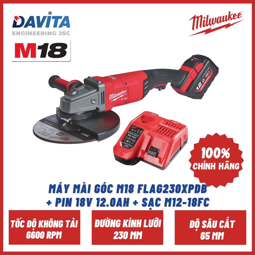Máy mài góc M18 FLAG230XPDB + Pin 18V 12.0Ah + Sạc M12-18FC