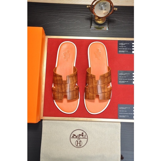dép nam quai ngang đế bệt quai chữ H viền da cá sấu đế êm hermes HM