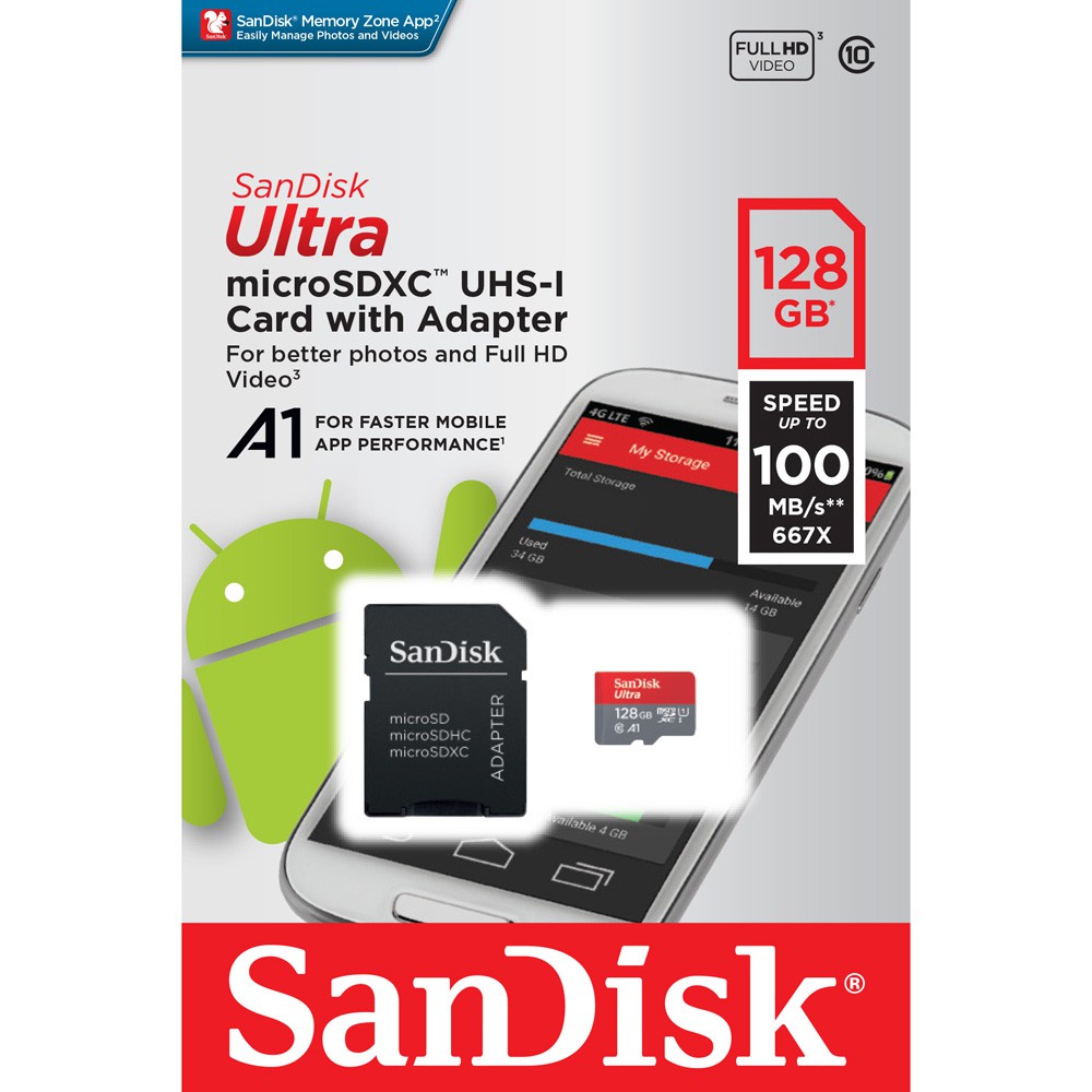 Thẻ Nhớ Sandisk Ultra Microsdxc Uhs-i Class 10 A1 (100mb / S) 128gb Kèm Đầu Chuyển Đổi Sd - Sdsquar-128g