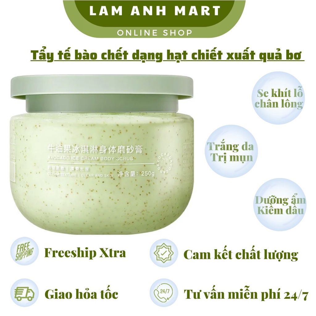 Tẩy Da Chết Tế Bào Chết Body Toàn Thân Hũ To 250gr Chiết Xuất Từ Quả Bơ Hạt Óc Chó Và Trà Xanh