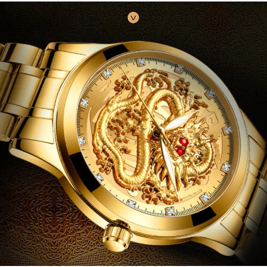 Đồng hồ nam chống nước hình rồng vàng dây thép không gỉ