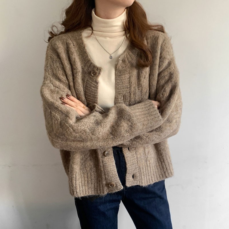 Áo khoác cardigan dệt kim cổ tròn dáng rộng cho nữ