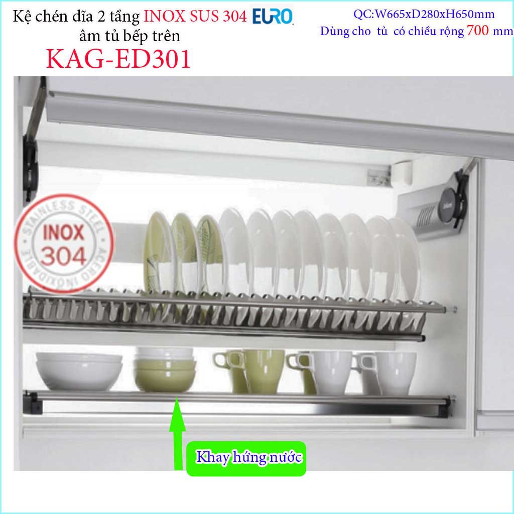 Kệ đựng chén dĩa âm tủ Inox 304 KAG-ED301-70cm, Kệ chén bát 2 tầng EURO tủ 70cm