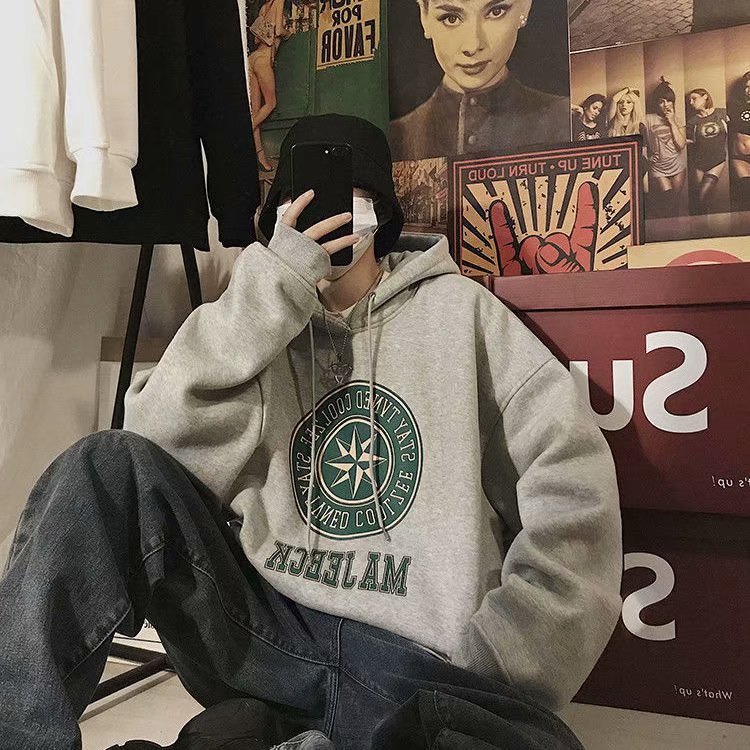 Áo Hoodie Dáng Rộng Màu Trơn In Hình Thời Trang Phong Cách Hồng Kông Dành Cho Nam Và Nữ