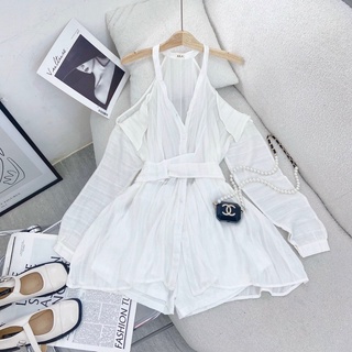 SET ĐẦM SƠ MI CUT OUT VAI CHÉO EO + SHORT [kèm ảnh thật ]