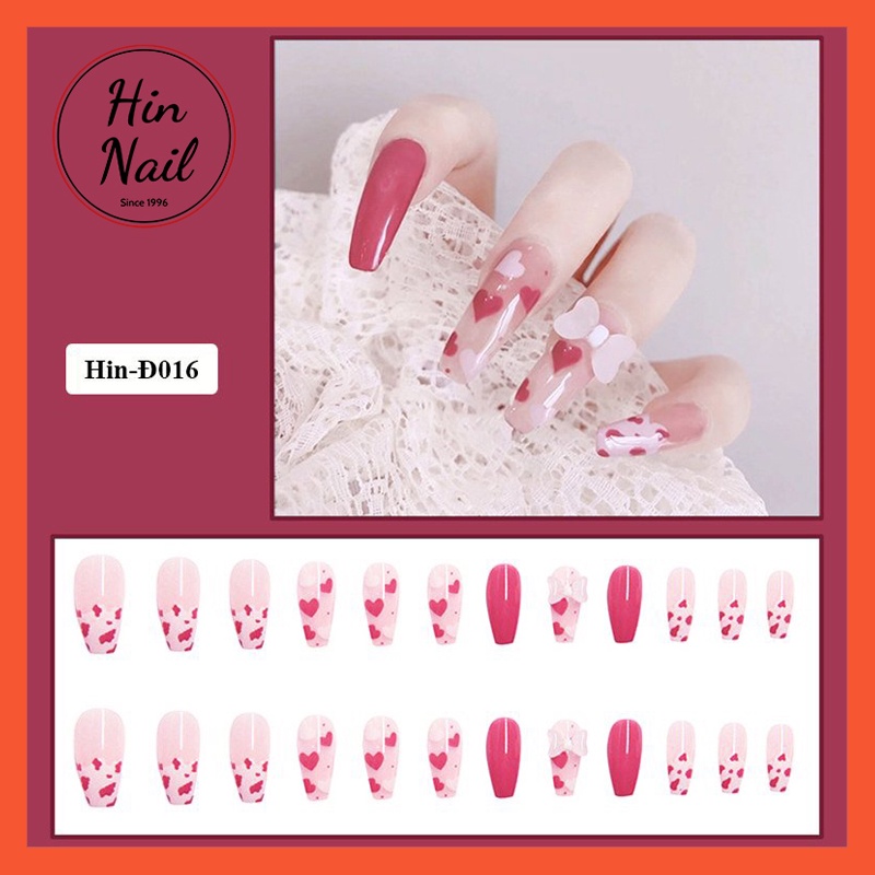 móng tay giả đính đá Hin Nail form dài tông màu đỏ đính nơ