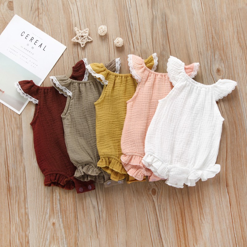 Áo liền quần tay cánh tiên phối ren cho bé gái