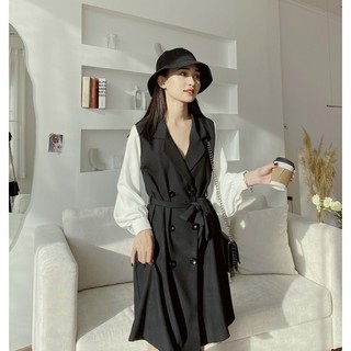 Váy cổ vest tay phối