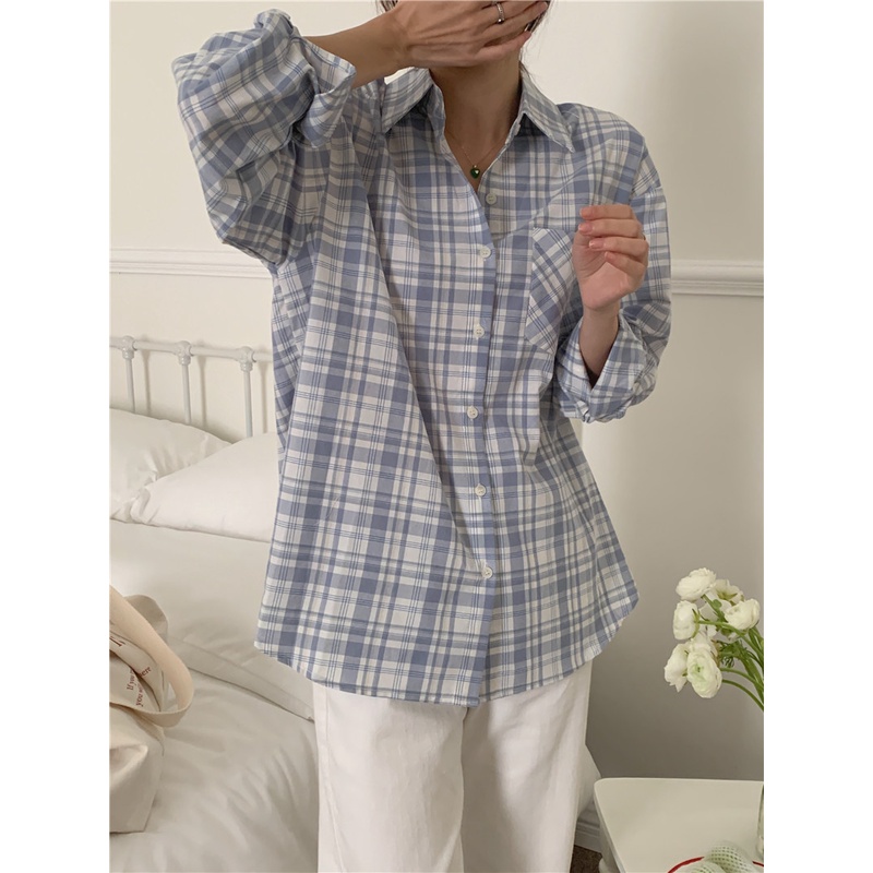 Áo Sơ Mi Tay Dài Dáng Rộng Sọc Ca Rô Thời Trang Retro Hàn Quốc Cho Nữ