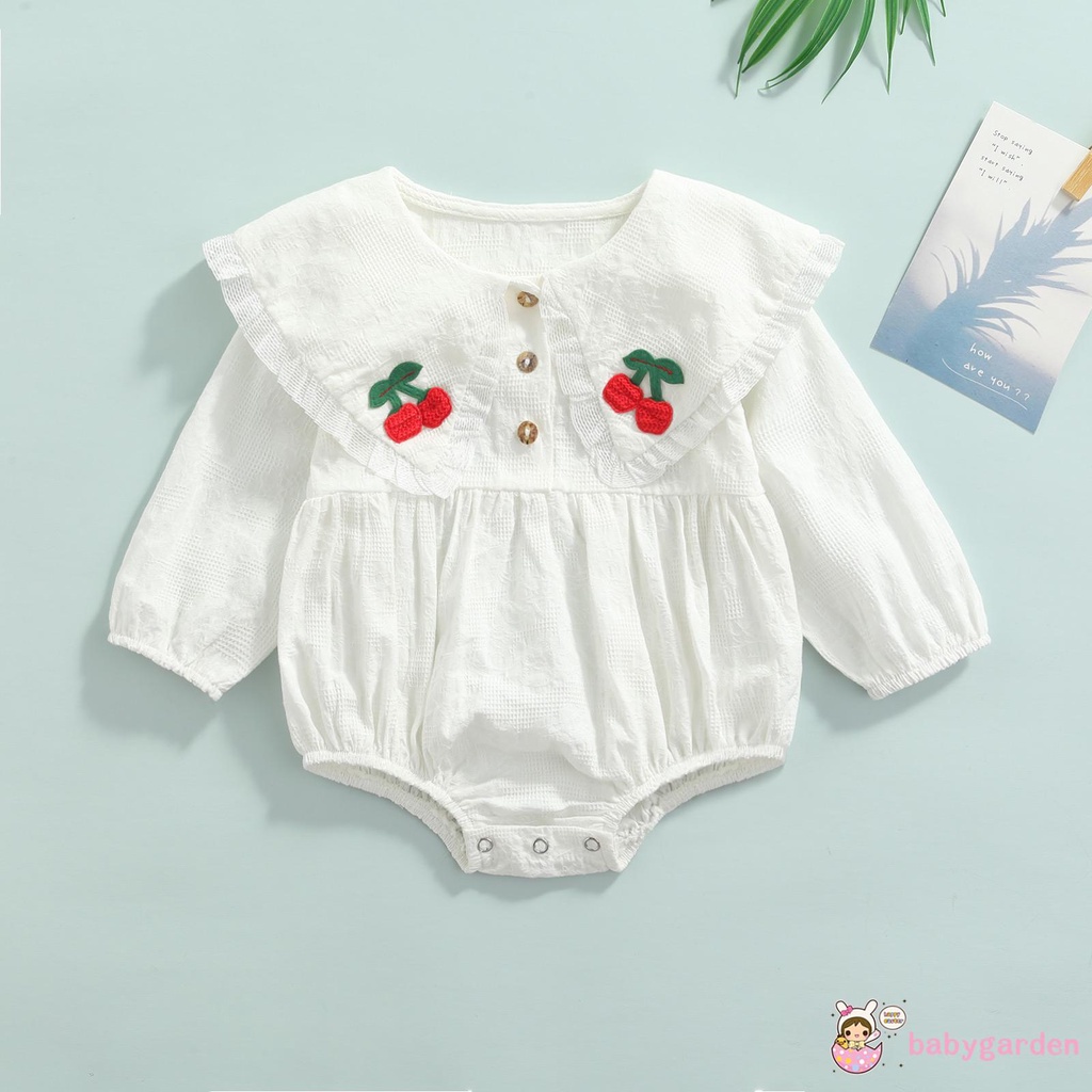 Bộ Áo Liền Quần Tay Dài Cổ Bẻ Thêu Hình Quả Cherry Dễ Thương Thời Trang Xuân Thu Cho Bé Gái