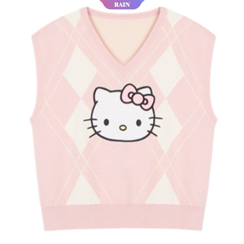 Áo Khoác Len Không Tay Thêu Họa Tiết Hello Kitty Màu Hồng Phong Cách Hàn Quốc Dành Cho Nữ