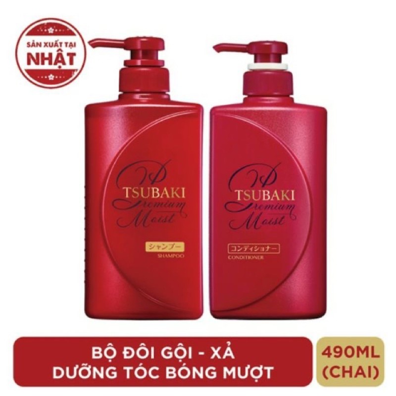 Bộ Dầu Gội + Dầu Xả Tsubaki Dưỡng Tóc Bóng Mượt Premium Moist (490ml/chai)