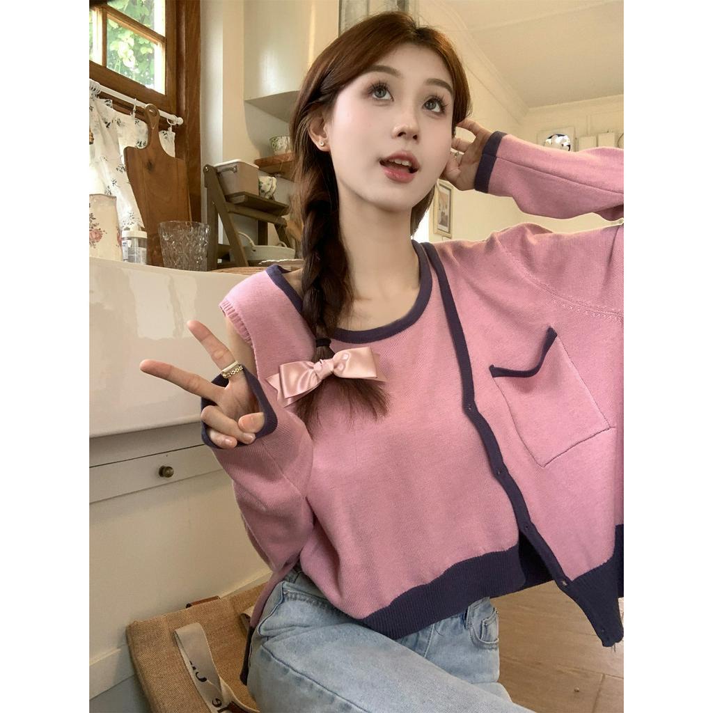 ZHELIHANGFEI Bộ Áo Khoác Cardigan Dệt Kim Tay Dài Màu Sắc Tương Phản Phong Cách Hàn Quốc Thời Trang Cho Nữ