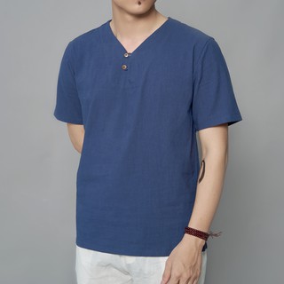 Áo linen cộc tay cổ V 2 nút cài Rough