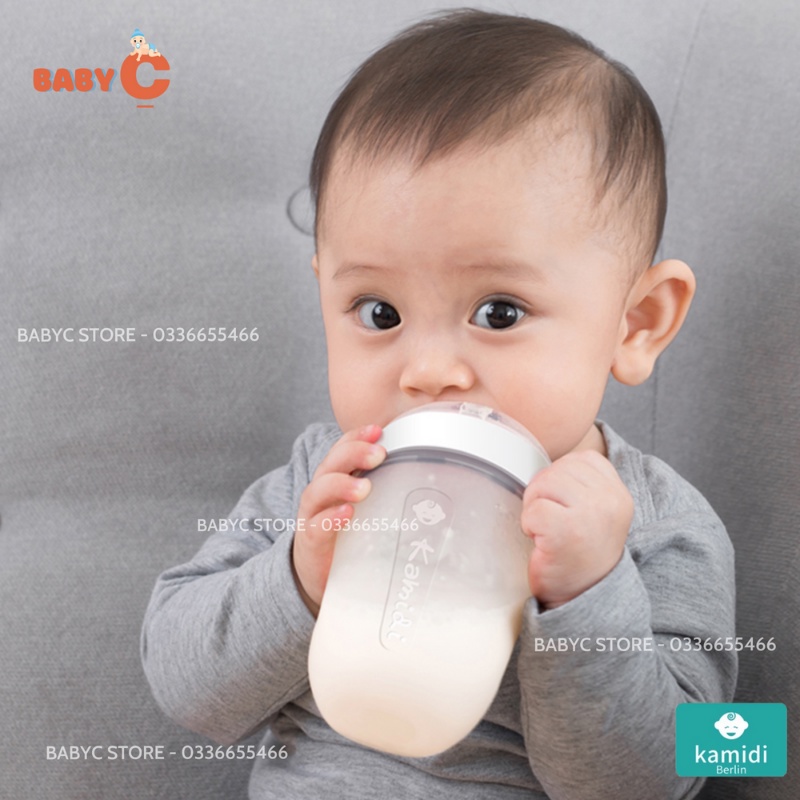 Bình sữa Kamidi Silicon trắng Chính Hãng, bình sữa tay cầm có ống trợ ti chống sặc cho bé dung tích 150ml/250ml - BabyC