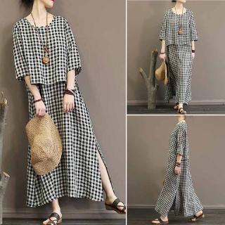Đầm maxi cổ tròn họa tiết ca rô thời trang thanh lịch dành cho nữ