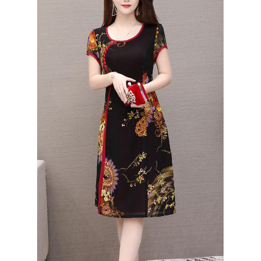 GOTI - Đầm Dự Tiệc Trung Niên Cao Cấp Bigsize Dáng Dài Qua Gối, Tay Ngắn Tặng Mẹ U50 U60 3240 3310