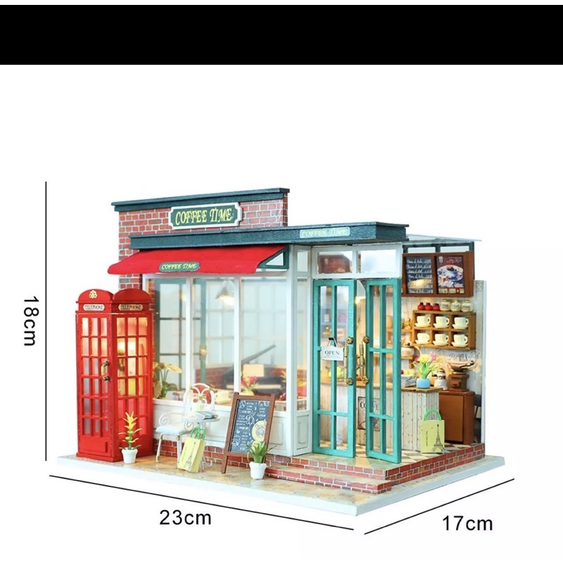 (Tặng mica,keo sữa,đèn)Mô hình quán coffee time Nhà búp bê bé tư lăp đô chơi bằng gỗ diy doll house M015