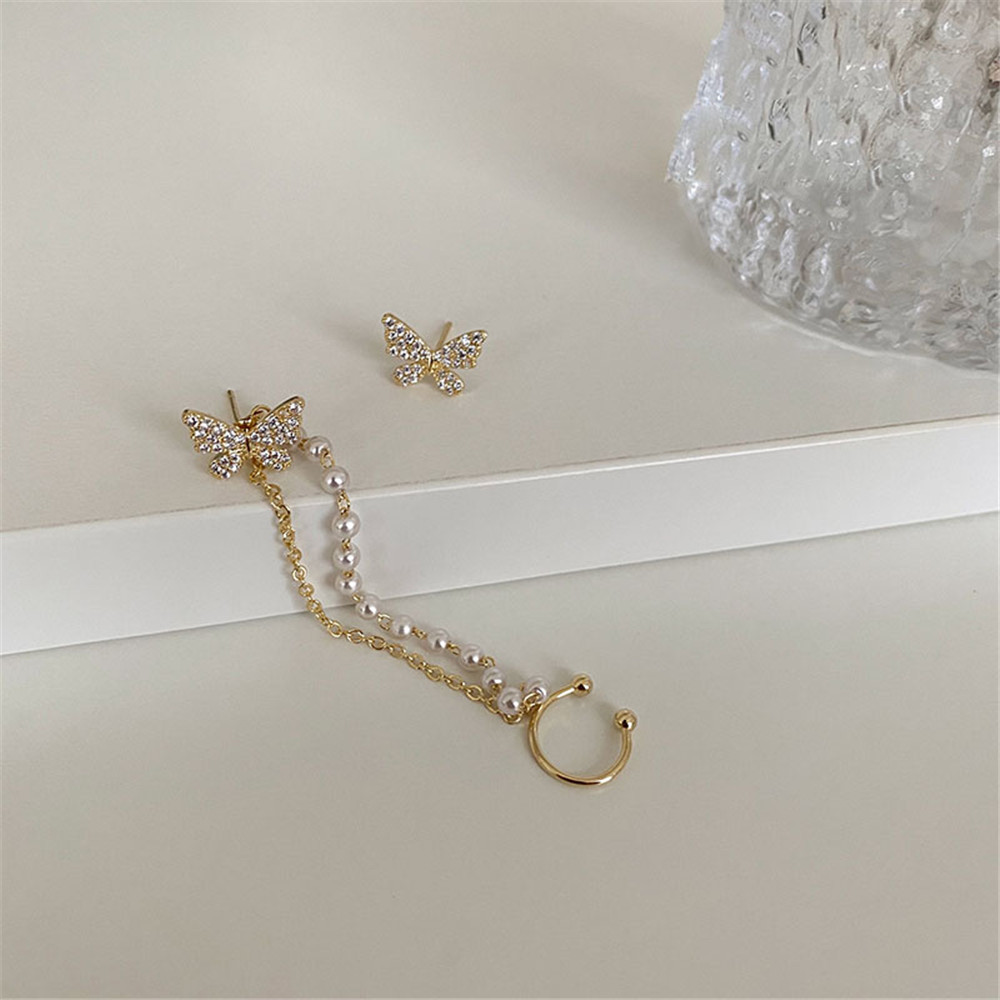 Khuyên Tai Dáng Dài Mặt Bướm Khảm Đá Phối Ngọc Trai Thanh Lịch