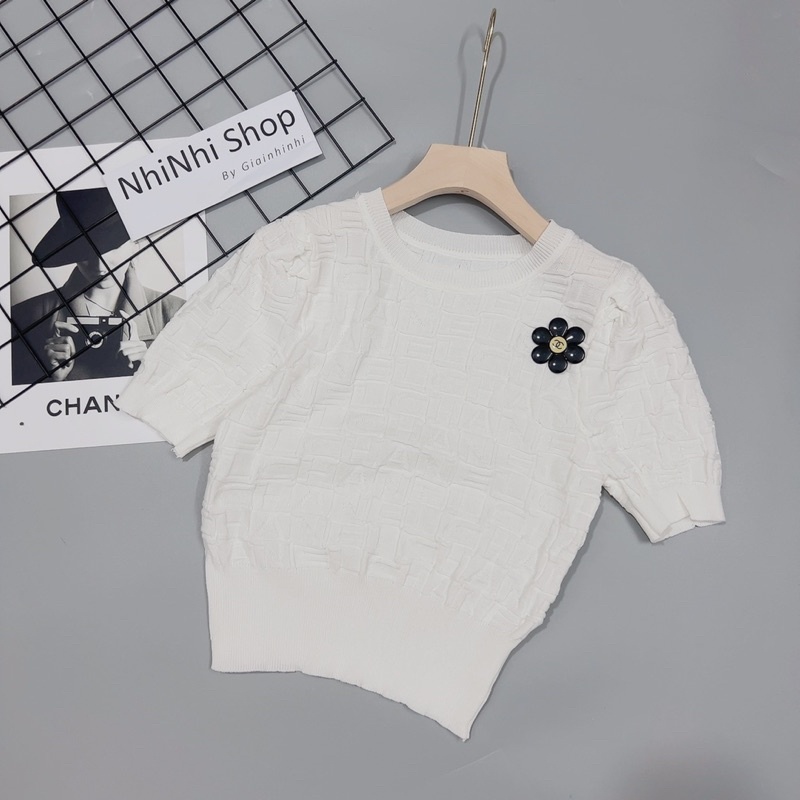 Áo len mỏng tay phồng croptop kèm hoa cài, Áo kiểu len dáng ôm cổ tròn AL8026 - NhiNhi Shop